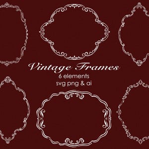 Puede incluir: Seis diseños de marcos vintage blancos sobre un fondo rojo oscuro. Los marcos varían en forma, incluyendo óvalos, diamantes y rectángulos redondeados, con adornos ornamentados y elementos decorativos. El texto dice "Vintage Frames".