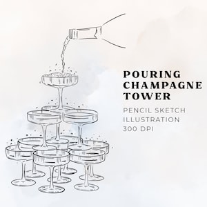 PNG形式のシャンパングラスタワーのクリップアート、シャンパンのイラスト、シャンパンパーティーアート、ウォールアートバーカートプリント、結婚式招待状