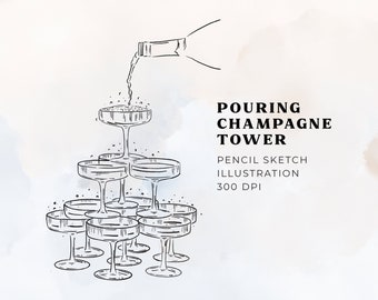 Pouring Champagne Glasses Tower Clipart in PNG, Champagne Illustration, Champagne Party Art, Wall Art Bar Cart Print, Wedding Invitation