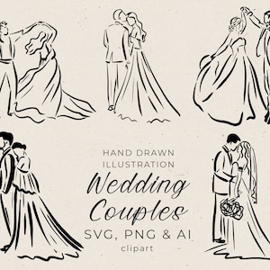 SVG で手描きされた新郎新婦のイラスト、PNG で踊るカップルのシルエット、Canva で編集可能な結婚式招待状、気まぐれなカード