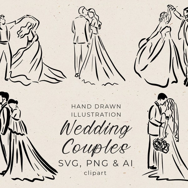 Hand Drawn Bride and Groom Illustration in SVG, Dancing Couples Silhouettes in PNG, Wedding Invitation Editable in Canva, Whimsical Card