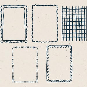 May include: Five different hand-drawn frames in black on a beige background. The frames are all different styles, including a simple square, a wavy frame, a grid pattern, and two more ornate frames.