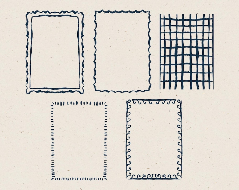 May include: Five different hand-drawn frames in black on a beige background. The frames are all different styles, including a simple square, a wavy frame, a grid pattern, and two more ornate frames.