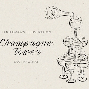 Pouring Champagne Tower Illustration in SVG, Champagne Drawing Clipart in PNG,  Wedding Champagne Invitation or Menu, Champagne Pyramid Icon