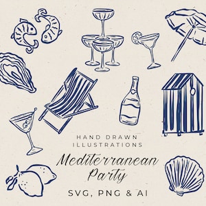 Handgezeichnete Illustrationen zur Hochzeit im mediterranen Stil, Henne-Party-Zeichnung-Symbole, Brautparty-Einladung, Probe-Dinner-Party einladen
