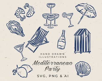 Hand Drawn Wedding Illustrations in Mediterranean Style, Hen-Party Drawing Icons, Bridal Shower Invitation, Rehearsal Dinner Party Invite