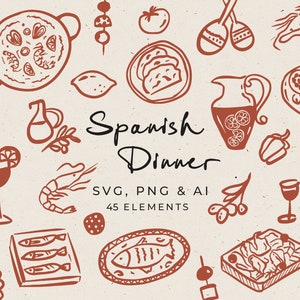 Könnte beinhalten: Ein Set mit 45 handgezeichneten Illustrationen in Rot und Weiß, die spanische Abendessen-Elemente darstellen. Die Illustrationen umfassen Speisen, Getränke und andere Artikel, die mit der spanischen Küche zu tun haben. Der Text "Spanish Dinner" ist in einer handschriftlichen Schriftart geschrieben. Der Text "SVG, PNG & AI 45 Elements" ist ebenfalls enthalten.