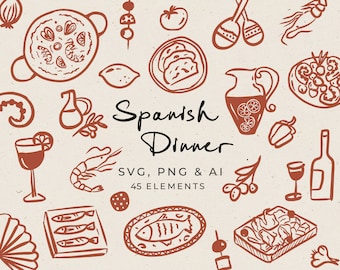 Hand gezeichnetes Spanisches Essen Doodle Bundle, Essen Illustration im Wunderlichen Stil in PNG, Probe Abendessen Clipart, Mediterrane Ikonen