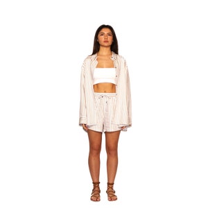 Beige Striped Button Collar Long Sleeve Oversize Shirt & Shorts Set, Two Piece Set For Women, High Waist Shorts, Button Up Shirt Women