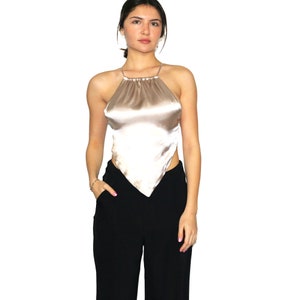 Beige Backless Satin Top, Open Back Crop Top, Silky Tank Top, Cross Back Satin Crop Top, Tie Back Bustier Top