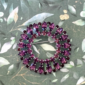 Peut inclure: Broche circulaire en métal argenté, ornée d'un anneau de strass violets et rouge foncé. La broche est dotée d'une épingle pour l'attache. Le design est posé sur un fond vert avec des motifs de feuilles.