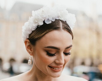 Bridal Hair Accessory, Ivory 3D Fabric Flowers, Real Pearl Headband, Flower Crown, Wedding Hair Pieces, Wedding Crown, Bridal Accessories