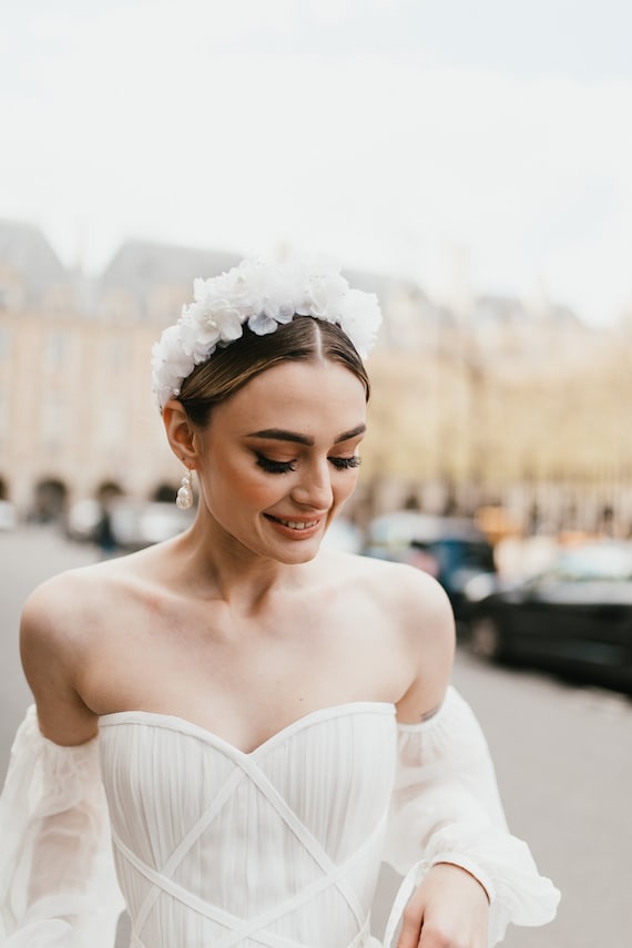 3D bridal Head piece 3D Flower Ribbon-Tie Headband with Pearls | David main image 3