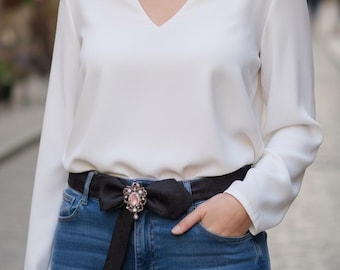 Necktie Wrap Belt • Handmade Polyester Tie, Vintage Brooch