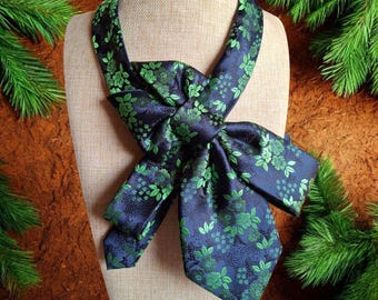 Handcrafted Floral Necktie Necklace - Dark Blue & Green Statement Jewelry