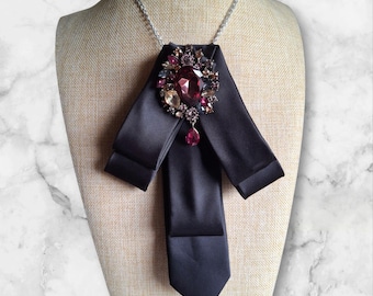 Handmade Necktie Necklace: Rhinestone Tie Neck Statement Piece