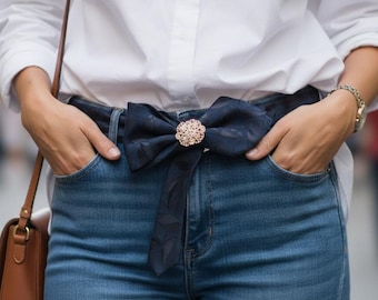 Dark Blue Polyester Tie Belt • Crystal Bow, Adjustable Waist