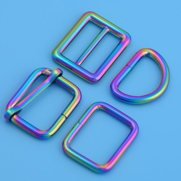 1 Set 1"(25mm Inner) Rainbow Items: Adjuster Slide Buckle,Roller Pin Buckle,D Ring,Rectangle Buckle,Purse Hardware Accessories