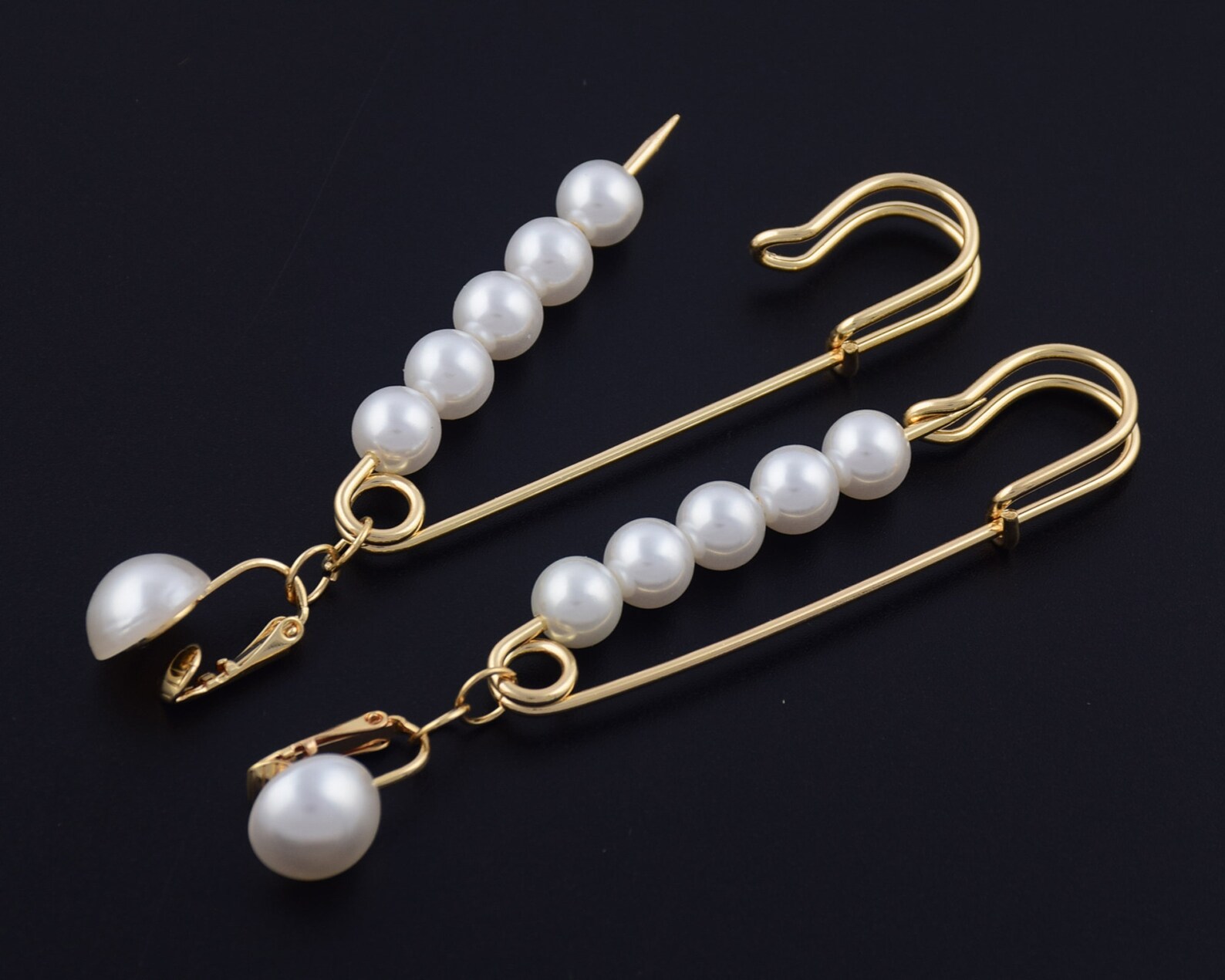A Pair Pearl Safety Pin Earrings Clip Beads Sewing Safety Pins Etsy