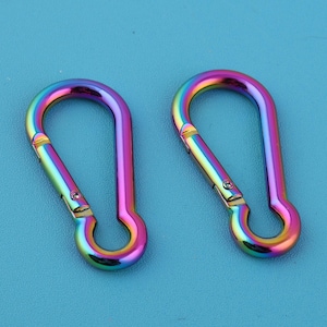 May include: Two rainbow-colored carabiner clips with a spring-loaded gate. The clips are made of metal and have a smooth, shiny finish. The colors include shades of purple, blue, green, and yellow. The background is a solid teal color.