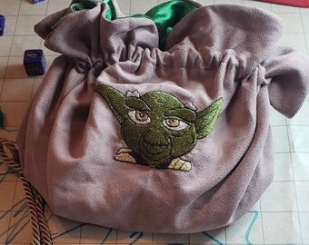 Embroidered Yoda Head on Mauve Faux Suede Epic Level Dice Bag