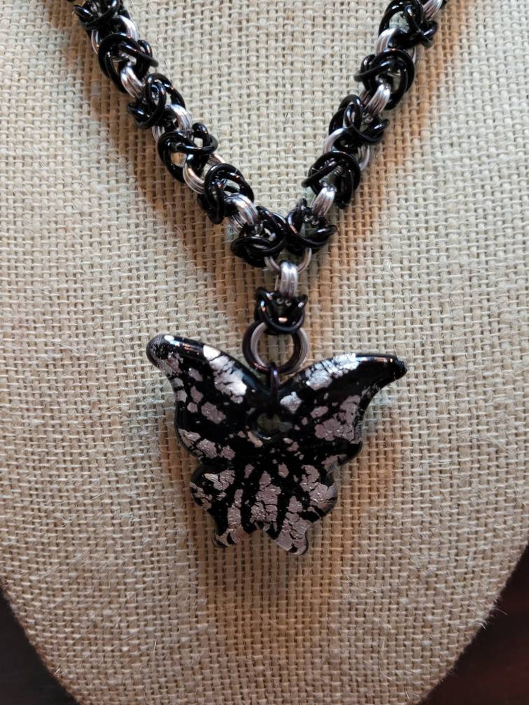 Silver and Black Crackled Glass Butterfly Necklace - Etsy