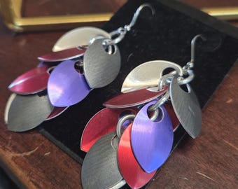 Purple, Red, Silver Grey Scale Mail Dangle Earrings
