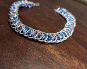 Basket Weave Chainmail Bracelet with Purple, Pink and Blue
