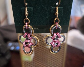 Gold, Black Ice, and Rose Japanese Cross Chainmail Earrings