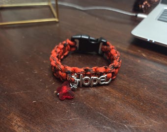 Black and Red  Paracord Bracelet with Hope Charm and Crystal Butterfly