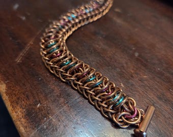 Copper Chainmail Bracelet - Illuminated Tunnel with Burgundy & Teal
