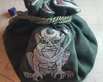 Embroidered Gargoye on Gray Faux Suede Epic Level Dice Bag