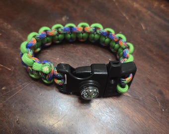 Bright Green Variegated Paracord Bracelet with Whistle and Compass Buckle