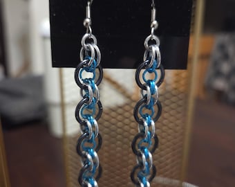 3" Dangling Bullseye Earrings in Silver, Black and Teal