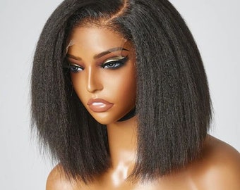 Glueless Virgin unprocessed Peruvian Raw human hair side part  kinky straight  short bob wig 12inches