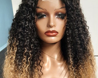 Premium quality human hair blend with fiber hair soft curly synthetic Lace part Wig in 22inches