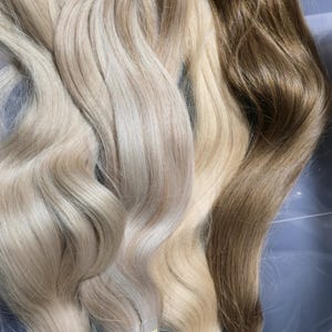 Può includere: Quattro ciocche di extension per capelli in varie tonalità di biondo e marrone. I capelli sono ondulati e sembrano essere capelli umani. Ogni ciocca è legata con un elastico e alcune hanno piccole etichette.