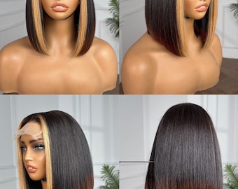 Peluca de cabello humano liso estilo bob de 12 pulgadas, sin procesar, virgen, con reflejos y capas sin pegamento