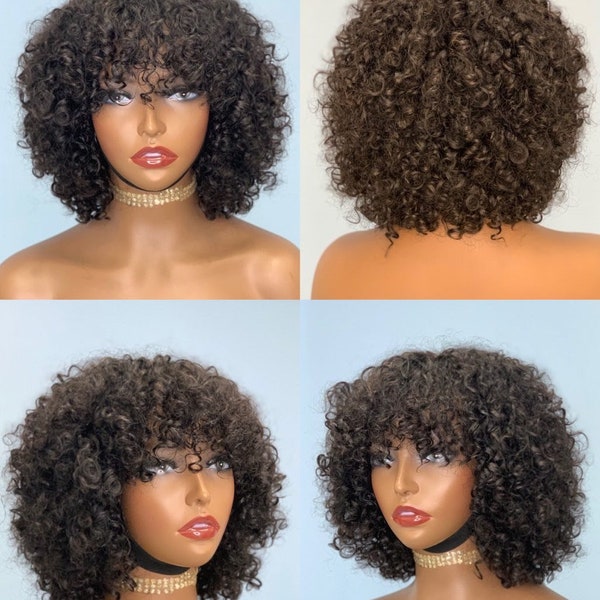 Glueless Pixie curly fringe/bang Peruvians SDD unprocessed human hair non lace wig in 10inches