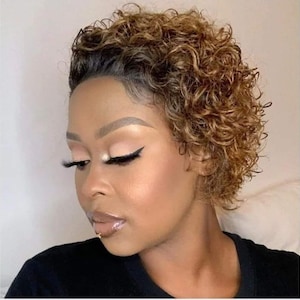 High quality water curly short pixie cut 13x4 lace wig in #1b/27
