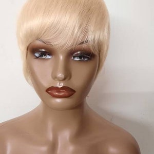 100% Brazilian real human short pixie cut wig in  blonde #613. Also available in Black and chocolate  brown #4