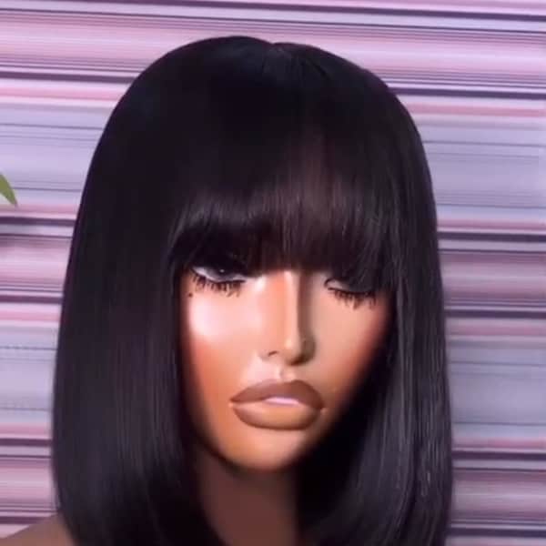 Peluca de cabello humano virgen peruano sin procesar con encaje medio, estilo bob, 12 pulgadas, color negro