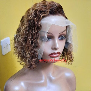 12A grade real Brazilian Deep curly 13*4 frontal Virgin Human side Hair custom highlighted Bob Wigs. 10nches