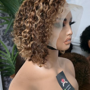 Custom coloured 12A grade real Brazilian Deep curly 13*4 frontal Virgin Human side Hair custom highlighted Bob Wigs. 10nches