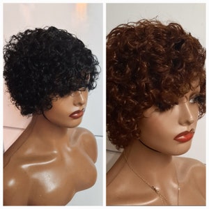 Pixie curly Tapered sideparr style short pixie cut non lace wig in natural black