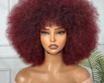 Pelucas de cabello humano brasileño afro rizado sin encaje, color rojo (99j)