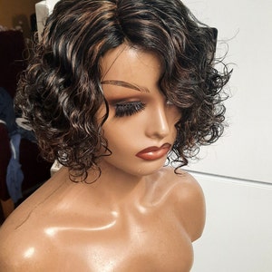 Virgin Brazilian highlighted deepwave Lpart  Human Hair pixie cut Wigs Black.