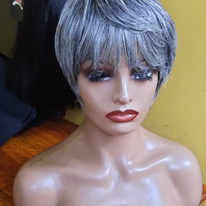 Non lace human hair short wig with fringe I&#39;m grey and black mix