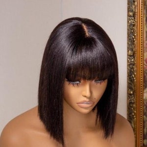Peluca de cabello humano virgen peruano sin procesar, sin pegamento, con encaje medio, estilo bob, 12 pulgadas, color negro