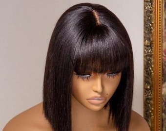 Glueless Peruvian unprocessed Virgin Human hair middle lace Bob wig 12 in Black